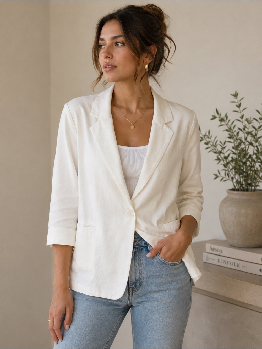 Jules & Leopold Cream Single-Button Notch Lapel Blazer